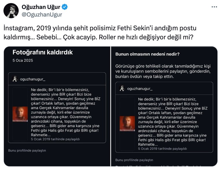 tehlikeli bulundu instagram oguzhan ugurun sehit fethi sekin paylasimini kaldirdi 1 Gnhaj41e