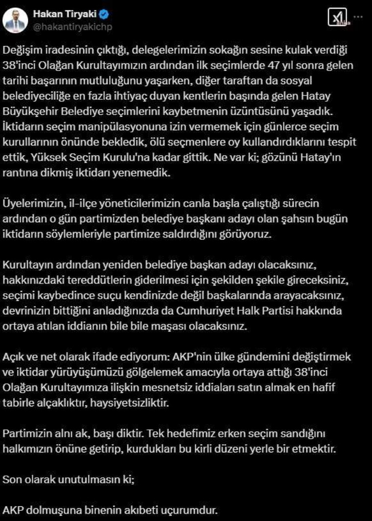 chp hatay il baskani tiryakiden lutfu savasa sert tepki akp dolmusuna binenin akibeti ucurumdur